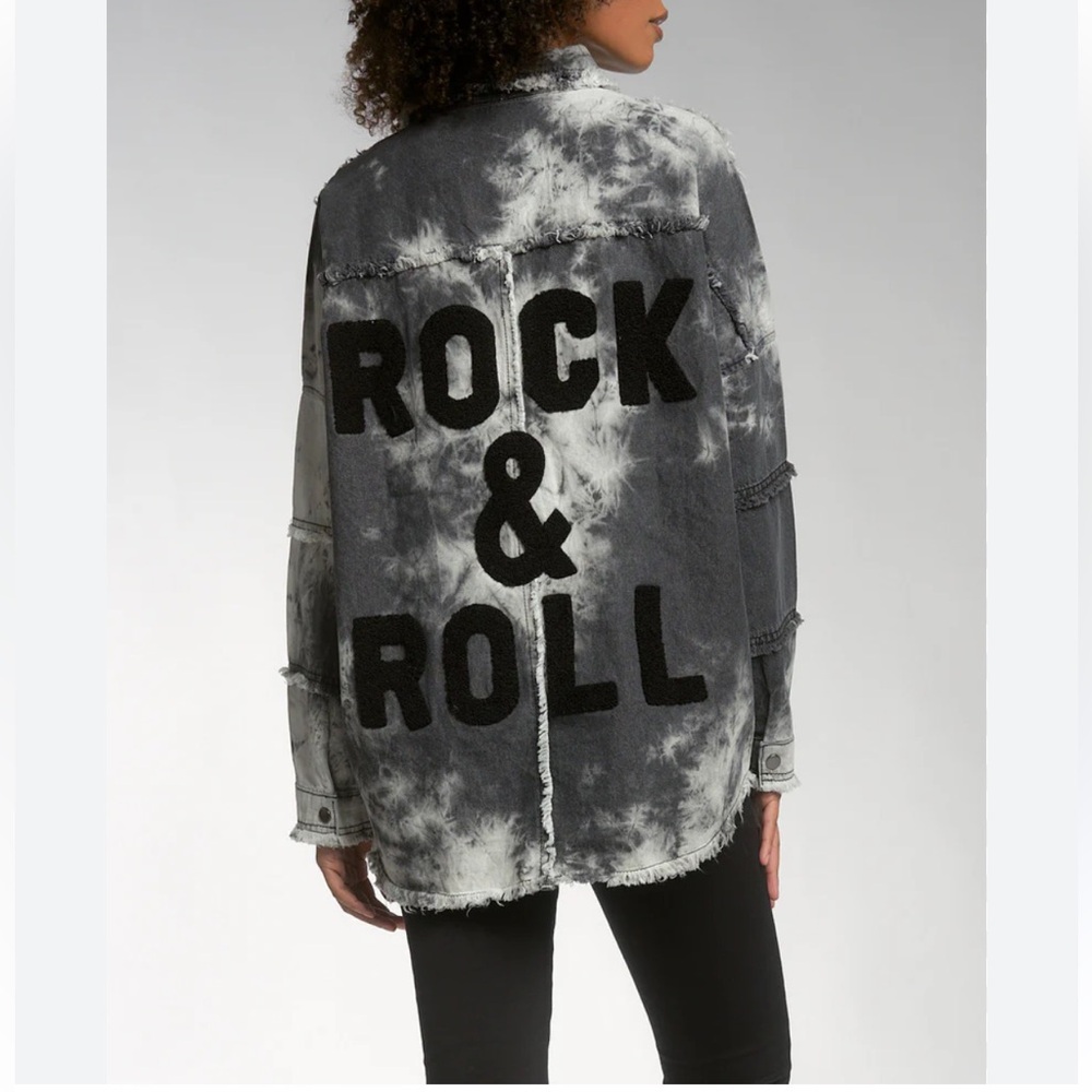 Elan Black & Gray Rock & Roll Shacket Womens M Distressed Frayed Denim Jacket‎